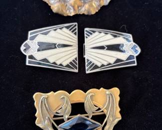 Vintage Art Deco brooches and enameled belt buckle set