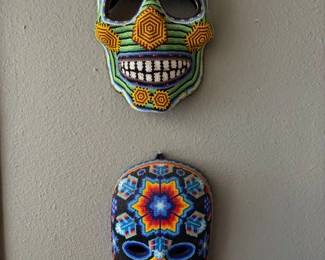Vintage Huichol beaded masks, 10" each