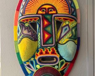Large vintage Huichol yarn mask, 16"