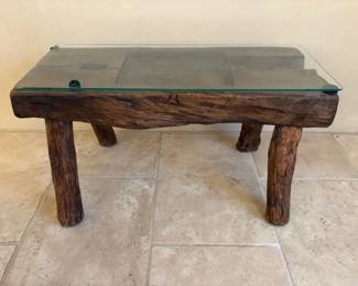 Rustic low table with custom glass top