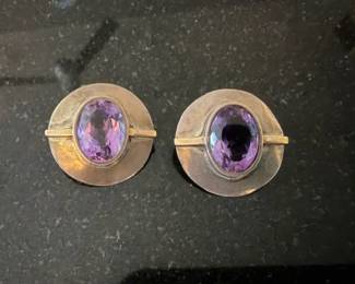 Large vintage 14K gold, sterling and amethyst post earrings, hallmark MKM