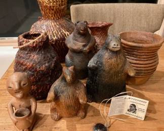 Louise Goodman coiled pot and bear banks, Dine/Apache pinon pitch olla/water jars, micaceous Tesuque rain god