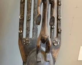 Large vintage African Bamana Ntomo initiation mask with stand, Mali, 27"