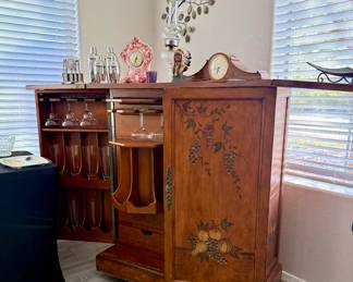 Vintage wood opening bar setup