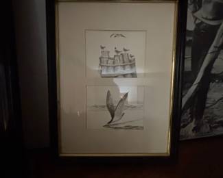 Framed Pencil Sketch of Seagulls and a Pier Structure