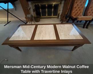 Mersman MidCentury Modern Walnut Coffee Table with Travertine Inlays