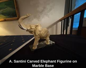 A. Santini Carved Elephant Figurine on Marble Base