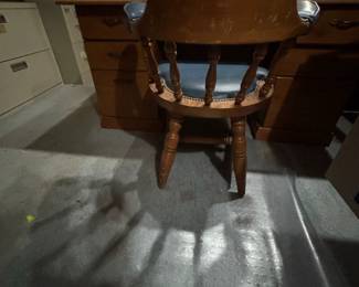 Vintage Wooden Captains Chair with Blue Upholstery