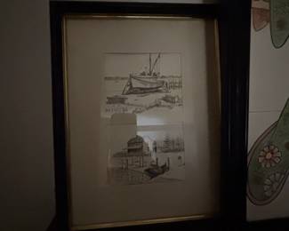 Framed Double Sketch of Maritime Scenes by Jas F. Murray