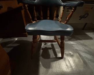 Vintage Wooden Captains Chair with Blue Upholstery third image