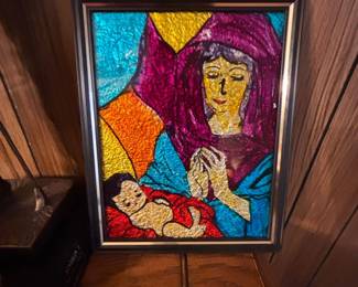 Vintage Textured Stained Glass Panel Madonna and Child