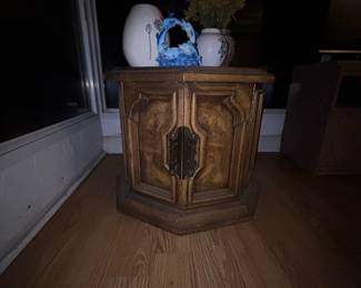 Vintage Hexagonal End Table with Carved Doors and Burl Wood Veneer