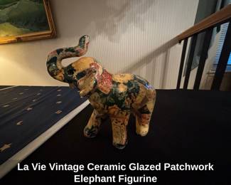 La Vie Vintage Ceramic Glazed Patchwork Elephant Figurine third image