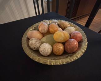 Vintage Alabaster Stone Eggs in Brass Bowl