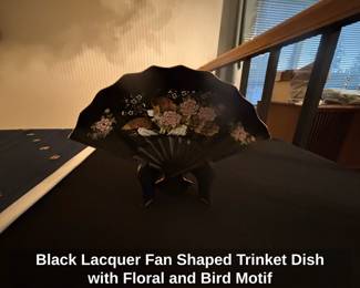 Black Lacquer Fan Shaped Trinket Dish with Floral and Bird Motif second image