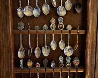 Collection of Souvenir Spoons with Wooden Display Rack