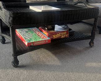 Black wicker coffee table. 