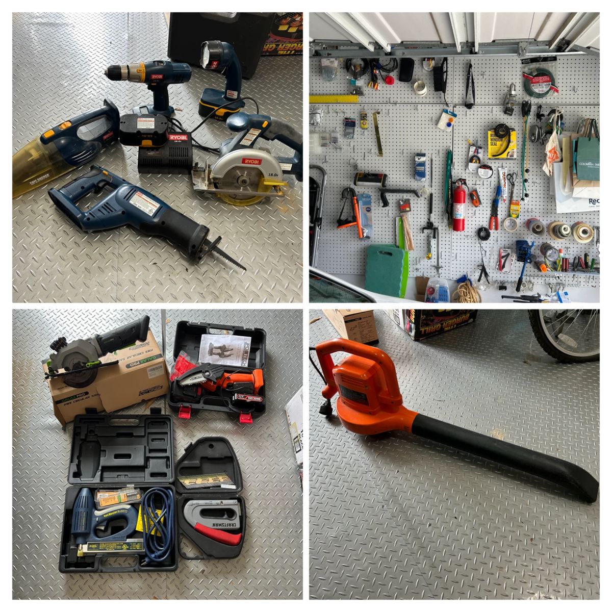 Tools, blower, drill, staple gun, jigsaw