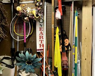 Tennis racks, broom/mop, yard tools