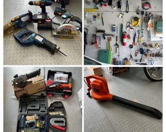 Tools, blower, drill, staple gun, jigsaw