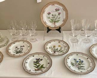  Vintage Flora Danica , Set of 6 salad plates, one luncheon plate & 2 sets of Early 1920’s signed Lalique stemware