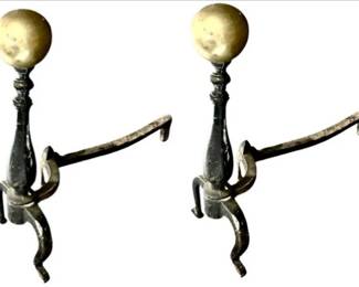 Vintage Brass & Wrought Iron Cannonball Andirons - Nice Age & Patina