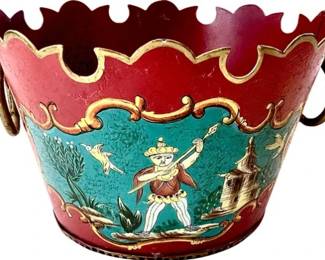 Chinoiserie Toleware Cachepot With Scalloped Border & Ring Handles