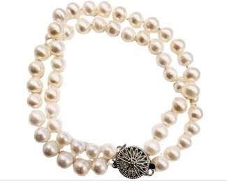 Genuine Pearl Double Strand Bracelet With Silver Tone Gold Filled "14/20" Filigree Clasp