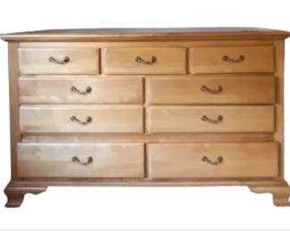 Natural Wood Dresser With Nine Drawers And Brass Tone Pulls