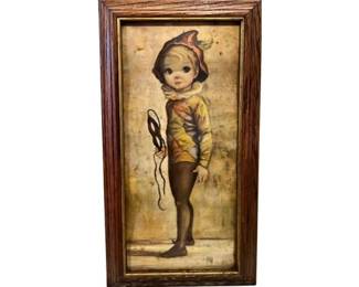 Original Vintage "Maio" Lithograph Big Eyed Harlequin Boy - Original Frame