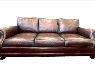 Bernhardt Leather Sofa On Bun Feet - Club Style Arms & Brass Tacking Details - Signed "Bernhardt"