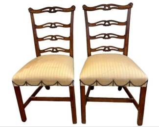 Chippendale Style Ribbon Back Chairs - Swag Detailed Brass Tacking On Silk Seats - Cross Banding On Each Base