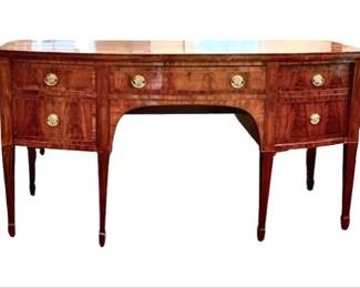 Antique Georgian Style Bow Front Sideboard - Crotch Mahogany With Satinwood Banding & Brass Fittings
