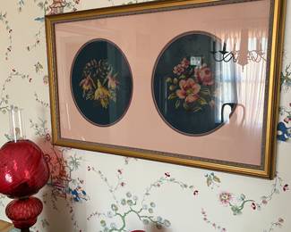 Needlepoint, cranberry glass lamp