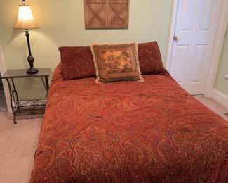 Double bed is frame plus mattress and boxspring. Mattress is a Sealy back saver.

Nightstand with glass top is 24 inches high, 20.5 inches wide, 12 inches deep. Lamp with shade is 33 inches high. Wooden wall art is 22 inches wide, 32 inches high.

Comforter is corduroy and includes two shams plus a throw pillow