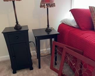 Pair of end tables and pair of red shade lamps. Two wall hangings as well include tiny clothespins for displays.