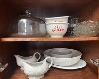 2 I love ice cream, bowls, 2 white ice cream &nbsp;bowls, 3 ice cream &nbsp;glass sundae boats four banana float servers 1 &nbsp;domed cake plate covered, 1 large white ceramic bowl, one small ceramic serving white one large white serving platter