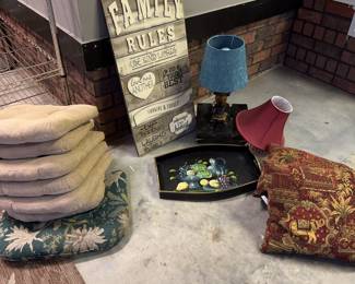 Assorted chair cushion, throw pillows, wine tray, lamp with extra shade, Family Rules wall art