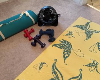 Yoga/workout set with two mats, 3 sets of 1/2/5 pound weights, fan