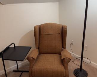 La-Z-Boy recliner in brown stripe fabric, excellent condition. Black desk tray. Floor lamp.
Perfect home office setting!
