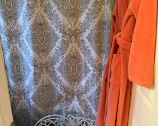 Bathroom decor with shower curtain, two cutout wall hangings, wooden bird, Kim Rogers robe (M)