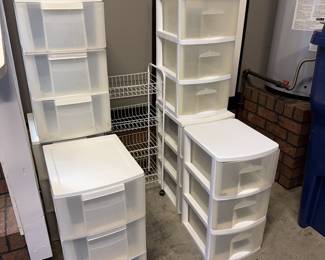 6 3-drawer plastic storage bins plus white wire storage cart
