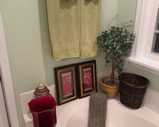 Bathroom decor with palm tree towel sets, artificial topiary, 2 pair of wall art, wastebasket, hanging votive