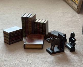 Assorted decor-'books' are actually storage boxes, plus bookends