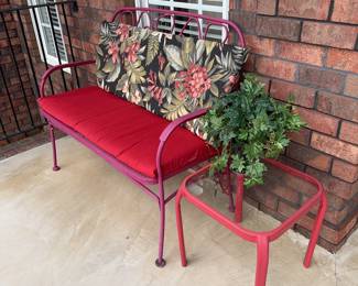 Front porch or entryway benches and tables. 2 loveseats plus 2 side tables. Cushions included.