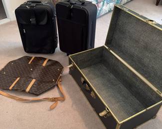 2 wheeled black suitcases by Totes, lined trunk, not-a-designer satchel (zipper needs repair)