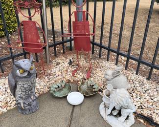 Assorted outdoor/garden decor. Owl, birds, bunny, children.