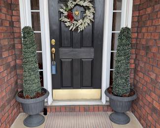 Front door decor set-two artificial topiary in poly stands plus 18" winter wreath
