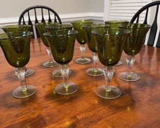 Set of 10 heavy goblets, green on clear stem. Bubble glass.