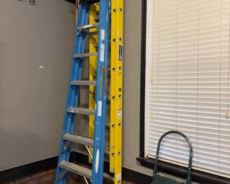 16' Extension ladder, ladder, two rakes, stepstool